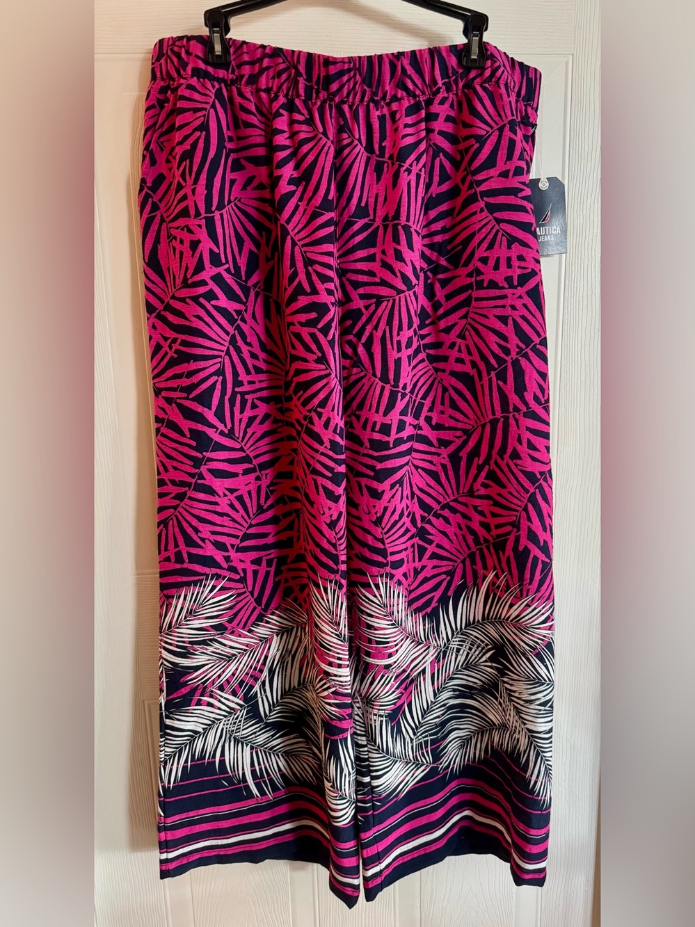 Nautica Pink Navy Palm Leaf Print Wide Leg Linen Blend Pants XL NWT